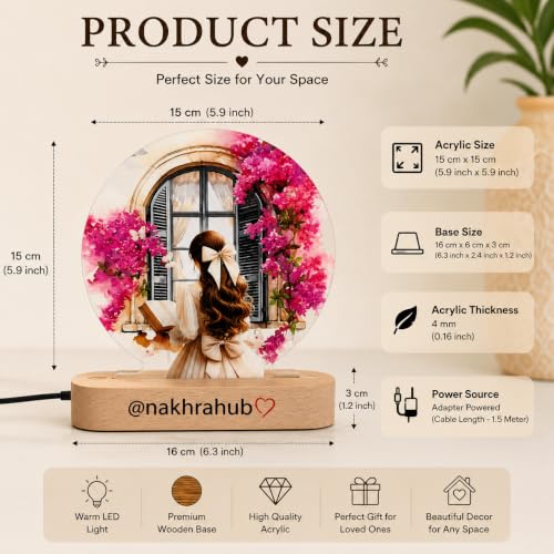 Image of Personalized Couple Photo Acrylic LED Lamp | Custom Romantic Night Light with Floral Artwork & Wooden Base | Anniversary, Wedding, Engagement, Valentine's Day Gift (Design 4)