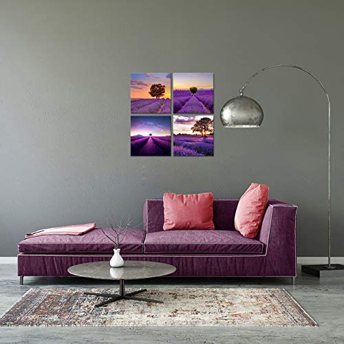 Klvos Landscape Flower Picture Canvas Wall Art Purple Lavender And Tree Painting Romantic Provence Fields Artwork Sets Of 4 Piece For Home Bathroom Bedroom Decoration Stretched Framed 12X12Inchx4Pcs #TOP3