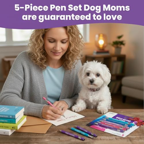 Image of rubyloo Funny Dog Mom Gift Pen Set - 5 Black Ink Ballpoint Pens with Stylus Tips & Durable Metal Barrels with Hilarious Doggy Quotes - Cute Dog Mom Gift for Women for Mother's Day or Birthday Present