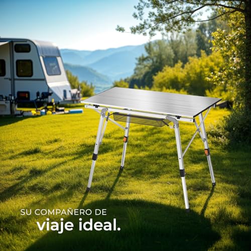 tectake® Mesa Camping Plegable con Altura Ajustable, Mesa Auxiliar de Aluminio con Topes, Mesa Exterior para Jardín, Terraza, Picnic, con Red de Almacenamiento y Bolsa de Transporte, 90x52x70 - Plata - imagen 8