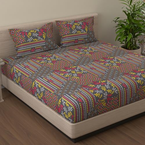 Image of Huesland by Ahmedabad Cotton 144 TC Cotton Elastic Fitted Bedsheet King Size with 2 Pillow Covers | 72 x 78 inches