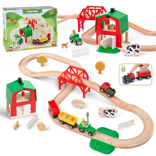 Farm Achterbahn Holzeisenbahn Set für Kleinkinder, 42 Pcs Bauernhof-Thema Holzeisenbahn Spielzeug für Kinder, Jungen und Mädchen von 3–7 Jahren