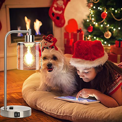 Industrial Touch Control Table Lamps Set Of 2 - Brushed Nickel Nightstand Bedside Lamps With 2 Usb Ports & Ac Outlet, 3-Way Dimmable Desk Lamp For Bedroom Living Room, Glass Shade & Led Bulbs Included #TOP6