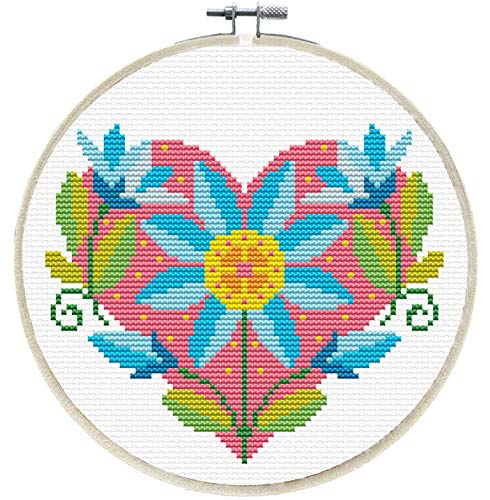 Needleart World Juego de bordado de punto de cruz, juego de bordado para principiantes, kit de herramientas de inicio con herramientas de bordado, kit de bordado, corazón floral, 25 x 25 cm, 14