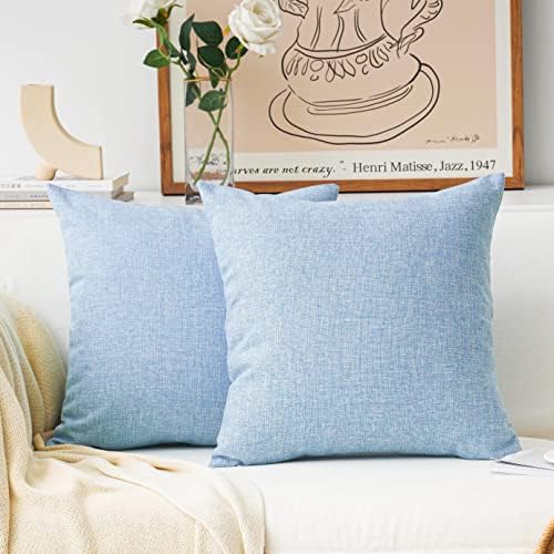 Home Brilliant Lined Linen Cushion Covers Set of 2 Decorative Throw Pillow Covers for Bench, 18 x 18 inch, Light Blue