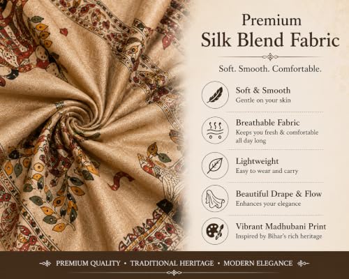 Image of HAIDER ALI AND SONS Madhubani Print Unstitched Suit Set for Women | Silk Blend Dress Material with Dupatta | Ethnic Salwar Suit Fabric | Traditional Indian Wear | Festival, Office | Brown