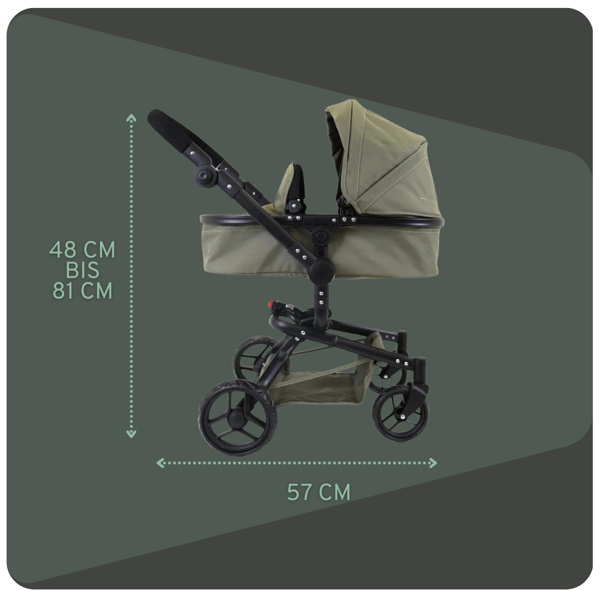 Bandits & Angels Puppenwagen Grün Modern Angel 2in1 Retro Grün ab 3 Jahren – Puppenbuggy – Für Mädchen – Verstellbarer Schieber 48-81 cm – Komplett zusammenklappbar – Mit Einkaufskorb