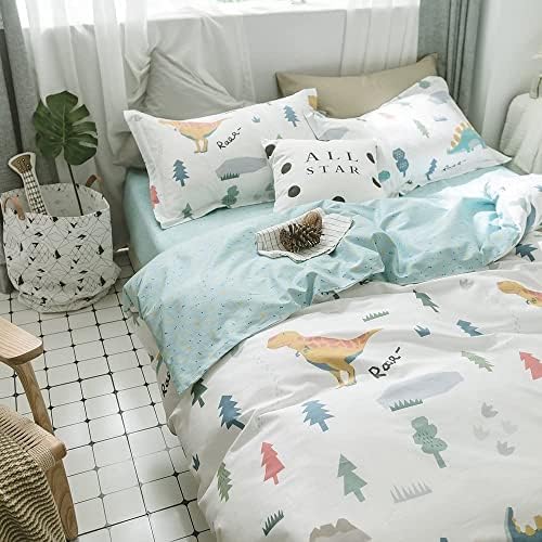 Dinosaur Duvet Cover Queen, 100% Cotton 3 Pieces Queen Dinosaur Bedding Set for Girls Boys, Cartoon Style Dino Print Reversible Queen Duvet Cover Forest, with Zipper Closure, Comfortable Breathable 3 51PSAWI6u8L. AC