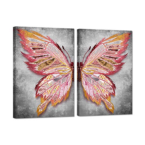 Zlove 2 Pieces Butterfly Canvas Wall Art Pink And Grey Butterfly Wings Insect Artwork Painting On Canvas Stretched And Framed For Bedroom Home Decor Ready To Hang 16X24Inchx2Pcs #TOP17