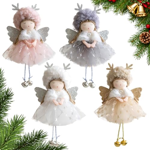 Daity Lot de 4 pendentifs en forme d'ange de Noël avec clochettes - En peluche douce - Décoration mignonne pour sapin de Noël - Pour enfants, fête, idée cadeau