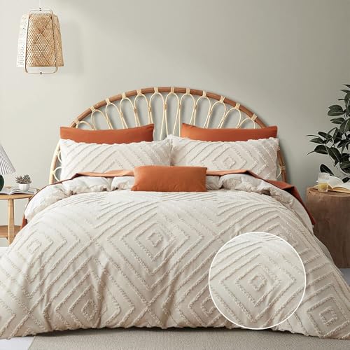 Freyamy Tuftée - Funda de edredón (240 x 260 + 2 fundas de almohada de 65 x 65 cm), diseño bordado a mano, color beige