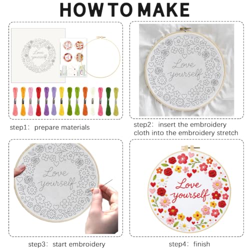 Image of INFUNLY 4pcs Wreath Words Embroidery Kit for Beginners Floral Cross Stitch Kits with Pre-Printed Patterns 11.6x11.6inch Embroidery Starter Kit with 14 Colors Thread for DIY Craft Lovers