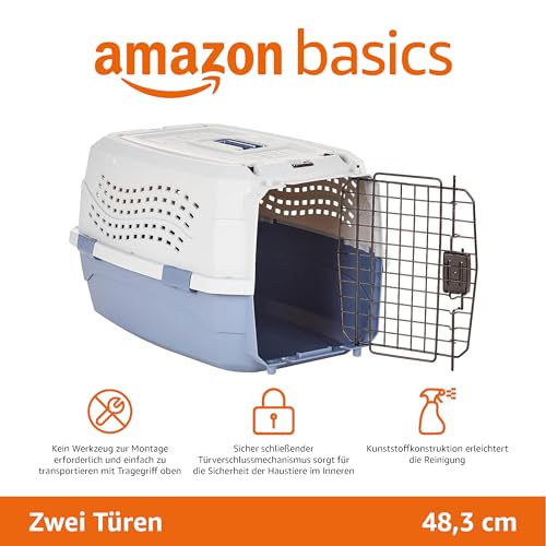 Amazon Basics Hund Transportbox für Haustiere, 2 Türen, 1 Dachöffnung, L 48 x B 32 x H 25 cm, Blau