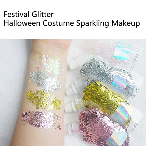 Meicoly 2 Packs Body Glitter Gel,Music Festival Face Glitter For Women,Mermaid Sequins Liquid Holographic Chunky Glitter For Concerts,Face,Body,Hair,Nails,Lip Sparkling Body Glitter,White+Gold #TOP6