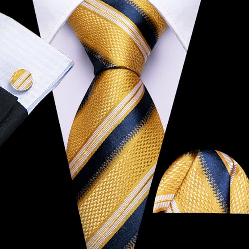 Image of Barry.Wang Classic Mens Ties Silk Necktie Pocket Square Cufflinks Set Woven Designer Wedding Business