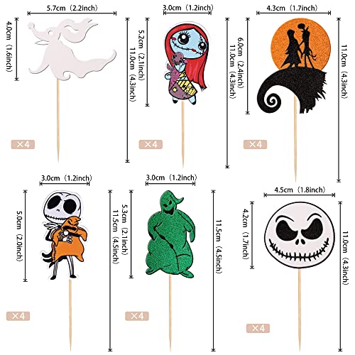 24 PCS Jack Skellington Halloween Cupcake Toppers Glitter Skull Ghost Jack and Sally Cupcake Picks for Nightmare Before Christmas Theme Wedding Anniversary Birthday Party Cake Decorations Supplies