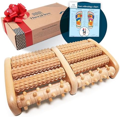 TheraFlow Wooden Foot Massager Roller - Acupressure Plantar Fasciitis Massager, Wellness & Walking Gifts for Women & Men, Foot Massagers for Pain and Circulation (Plus Reflexology Chart)