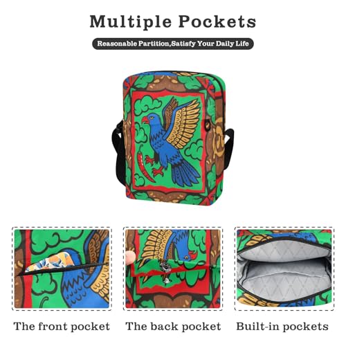 small messenger bag for men green crossbody bags for women small crossbody purse Adjustable Strap for School School- Mexico Bird Colorful2
