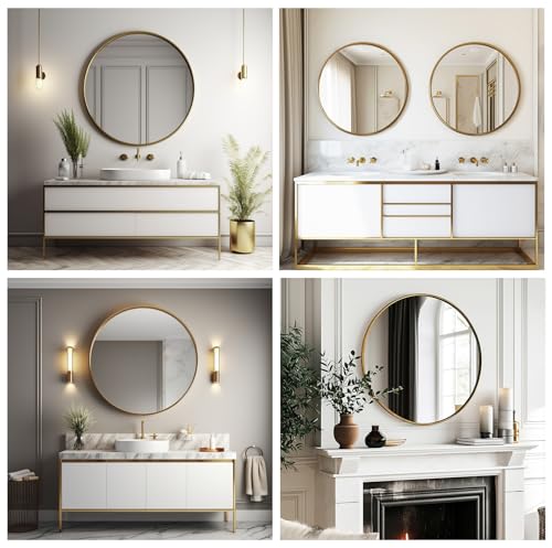 Image of Sunniry Gold Round Mirror 16 inch, Small Round Mirror, Gold Circle Mirrors, Brushed Metal Frame Circle Mirrors for Bathroom, Bedroom, Vanity, Wall Decor.