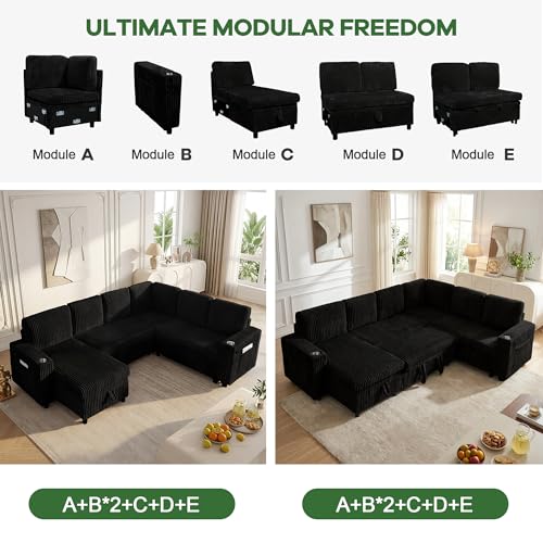 Image of Oversized Sectional Couch, Sectional Sleeper Sofa with Pull Out Bed, L Shaped Corduroy Couch for Living Room, Convertible Sofa Bed for Living Room, Bedroom and Apartment, Black