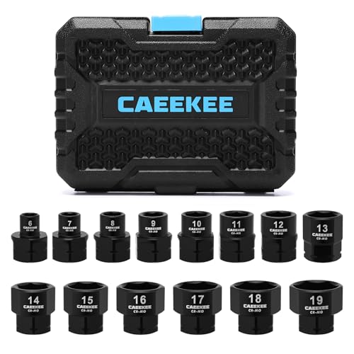 CaeeKee 14-Piece 3/8 Drive Metric Low Profile Nano Impact Socket Set 6-19mm Cr-Mo 6-Point Stubby Socket Set for Tight Spaces