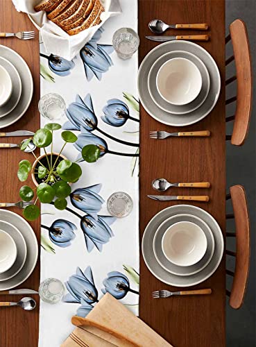 Floral Table Runner-Blue Tulip Cotton Linen-Small 36 Inche Dresser Scarves,Flower Rustic Tablerunner For Kitchen Coffee/Dining Table Bedroom Home Living Room,Summer Spring Holiday Dinner Scarf Decor #TOP1
