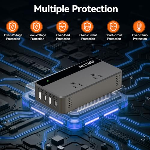 Image of ALLWEI 200W Car Power Inverter, 12V DC to 110V AC Car Inverte with 4 USB Fast Charging Port(2xUSB A, 2xUSB C)- Car Charger Cigarette Lighter Adapter for Phone, Laptop and Small Devices on Road Trip