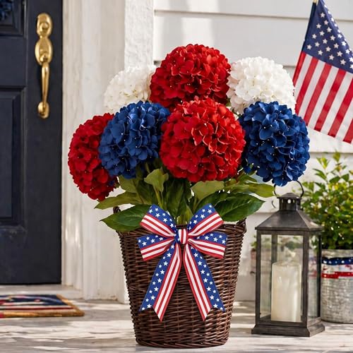 Suncalla 6 Pcs 25.6 Tall Red Blue and White Artificial Hydrangea Flower 4th of July Patriotic Decorations Silk Fake Flowers 250th Anniversary Decor Memorial Day Home Outdoors Indoor Vase Porch Patio