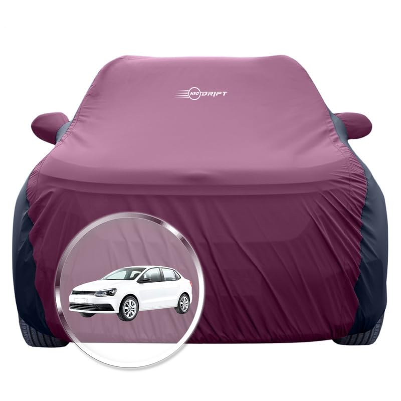 Image of NEODRIFT 'SuperTech' Car Cover for Volkswagen Ameo (100% Water-Resistant, All Weather Protection, Tailored Fit, Multi-Layered & Breathable Fabric) (Colour: Maroon+Black)