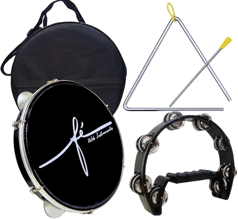 Kit Pandeiro Fé Pele Preta + Capa + Triângulo + Meia Lua (Preto)
