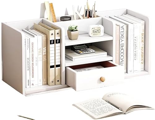 Rutexcデスクトップ本棚 中央引き出し付き ホワイト ホームデスク収納ラック 学生寮デスク用 オフィス小型本棚 文具・書籍整理ラック