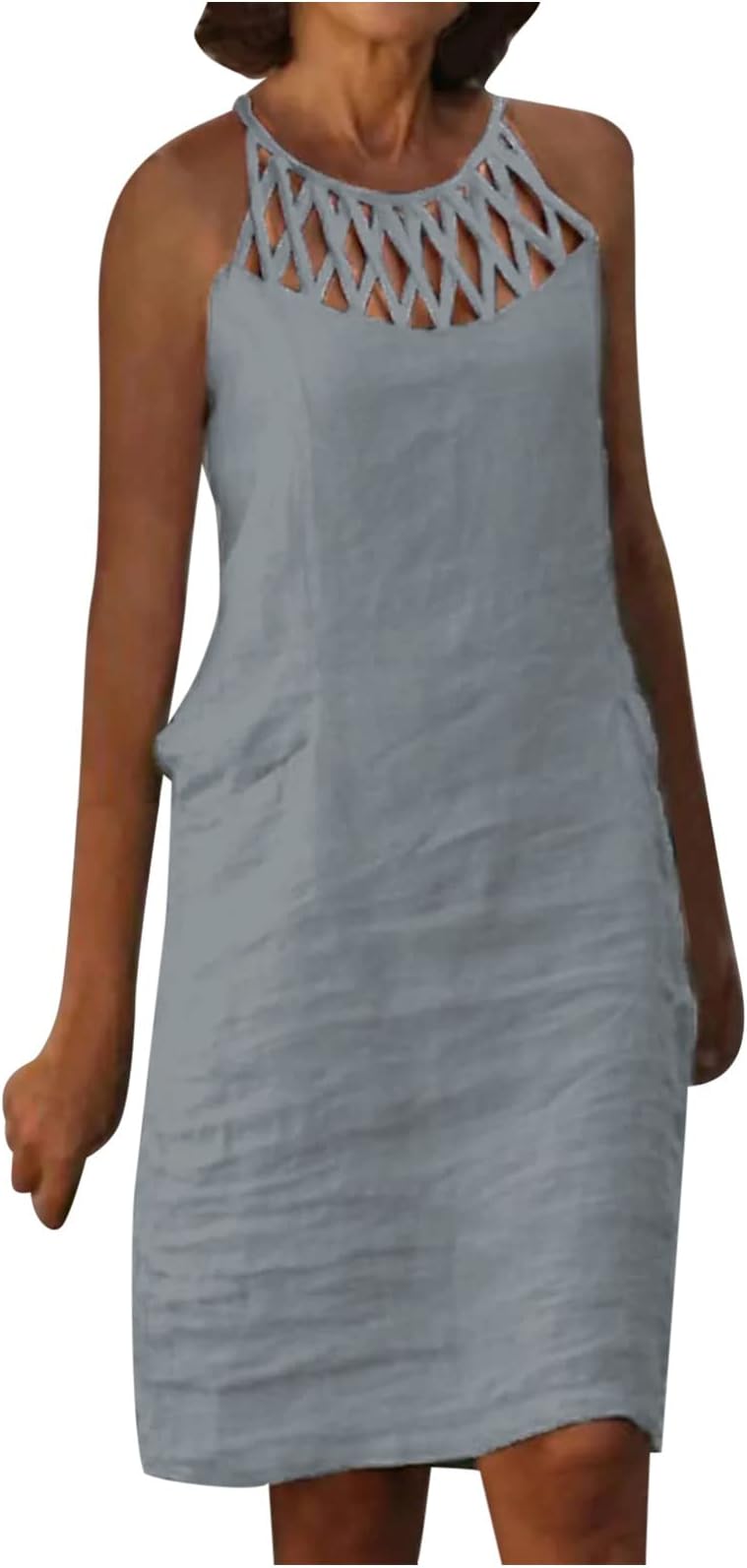 Women's Summer Casual Halter Dress Cotton Linen Dresses Crochet Hollow Out A-line Plain Simple Beach Shift Sundresses