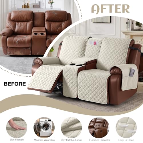 Image of KinCam 100% Waterproof Recliner Loveseat Cover with Console, Non-Slip Reclining Couch Covers for 2 Seat, Recliner Sofa Cover Furniture Protector with Elastic Straps for Kids, Pets, Ivory