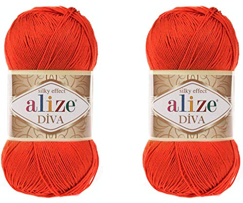 Alize Diva Yarn Hand Knitting Yarn 100% Microfiber Acrylic Yarn Alize Diva Silk Effect Thread Crochet Art Lace Craft Lot of 2 skeins 200gr 767 yds (37-Orange)