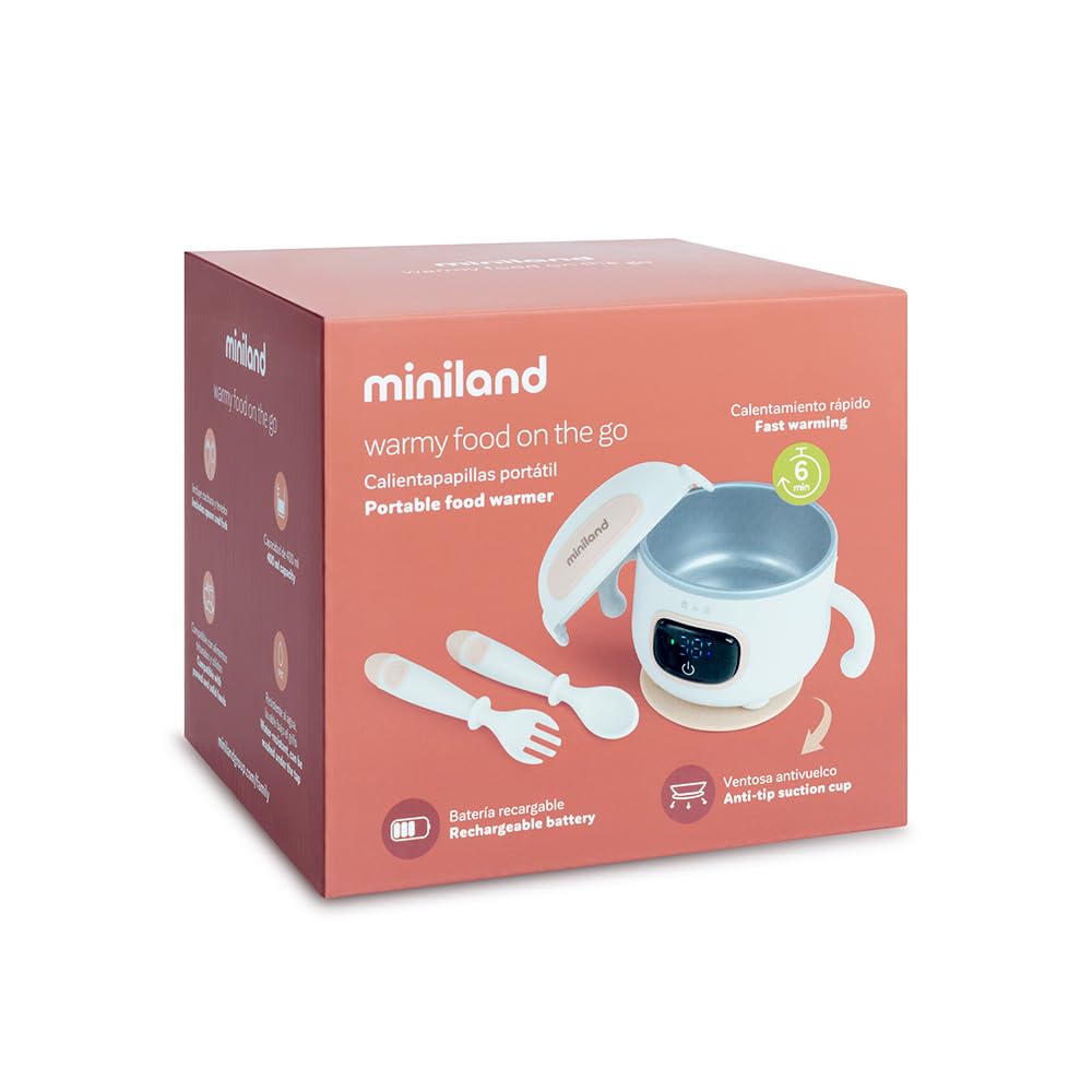 Miniland Scaldabiberon Portatile Senza Fili 7500mAh, Scalda Pappa Portatile Neonato da Viaggio e Scaldavivande a Batteria, Kit Svezzamento con Posate, Display LED, 3 Temp | Warmy Food On the Go