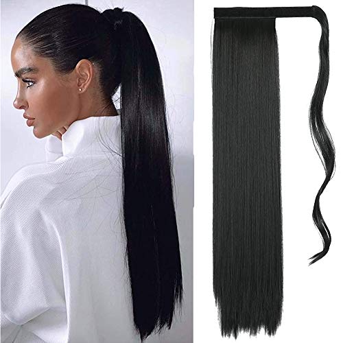 MayShow 24 Inch Long Straight Ponytail Extension Wrap Around Synthetic Magic Paste Hair Piece Clip in Ponytail Hair Extensions for Women(Natural black)