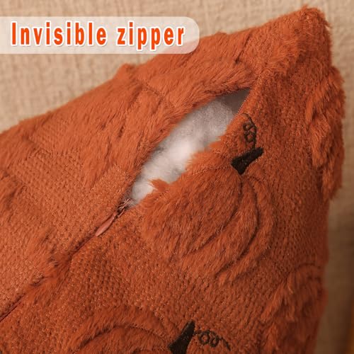 Pumpkin Fall Decorative Throw Pillow Covers 20"x20", Set of 2 Rust Red Soft Faux Fur Pillow Covers for Autumn Harvest, Fluffy Plush Accent Pillow Cases for Farmhouse Couch Cushion Covers