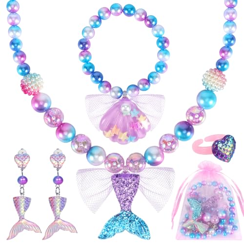 Chillife Mermaid Toys Princess Mermaid Jewelry for Girls Necklace Bracelet Ring Earrings for Kids, Mermaid Accessories Set for Girls Age 3-8 Mermaid Costume Birthday Party