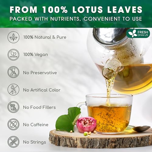 Image of FreshDrinkUS, Premium 75 Lotus Leaf Tea Bags, 100% Natural & Pure from Lotus Leaves. Loose Leaf Lotus Herbal Tea. Made with Eco-Conscious Tea Bags. No Sugar, No Caffeine, No Gluten, Vegan.