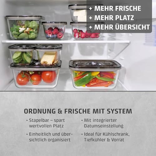 CASO Vacu OneTouch Eco-Set, Handvakuumierer inkl. 3 Vakuumbehälter aus Glas, 10 ZIP-Beutel und Food Manager Sticker, kabellos, bis zu 150 Minuten Laufzeit, aufladbar, Schwarz