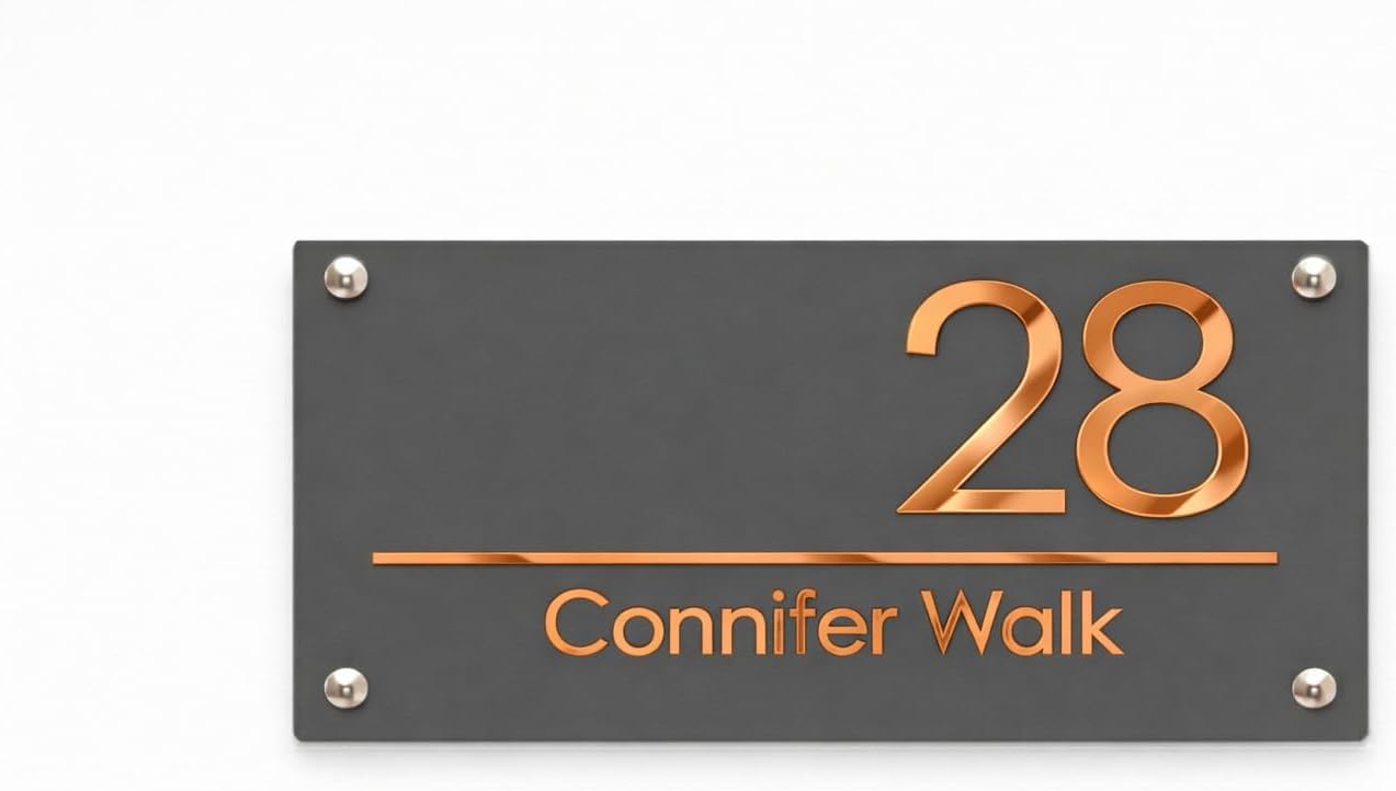 – Luxe H1 Right Text Floating House Sign Personalised Acrylic Door Plaque Offset Text Modern Outdoor Address Sign Custom Name Number with Fixing Kit (Grey & Copper Mirror)