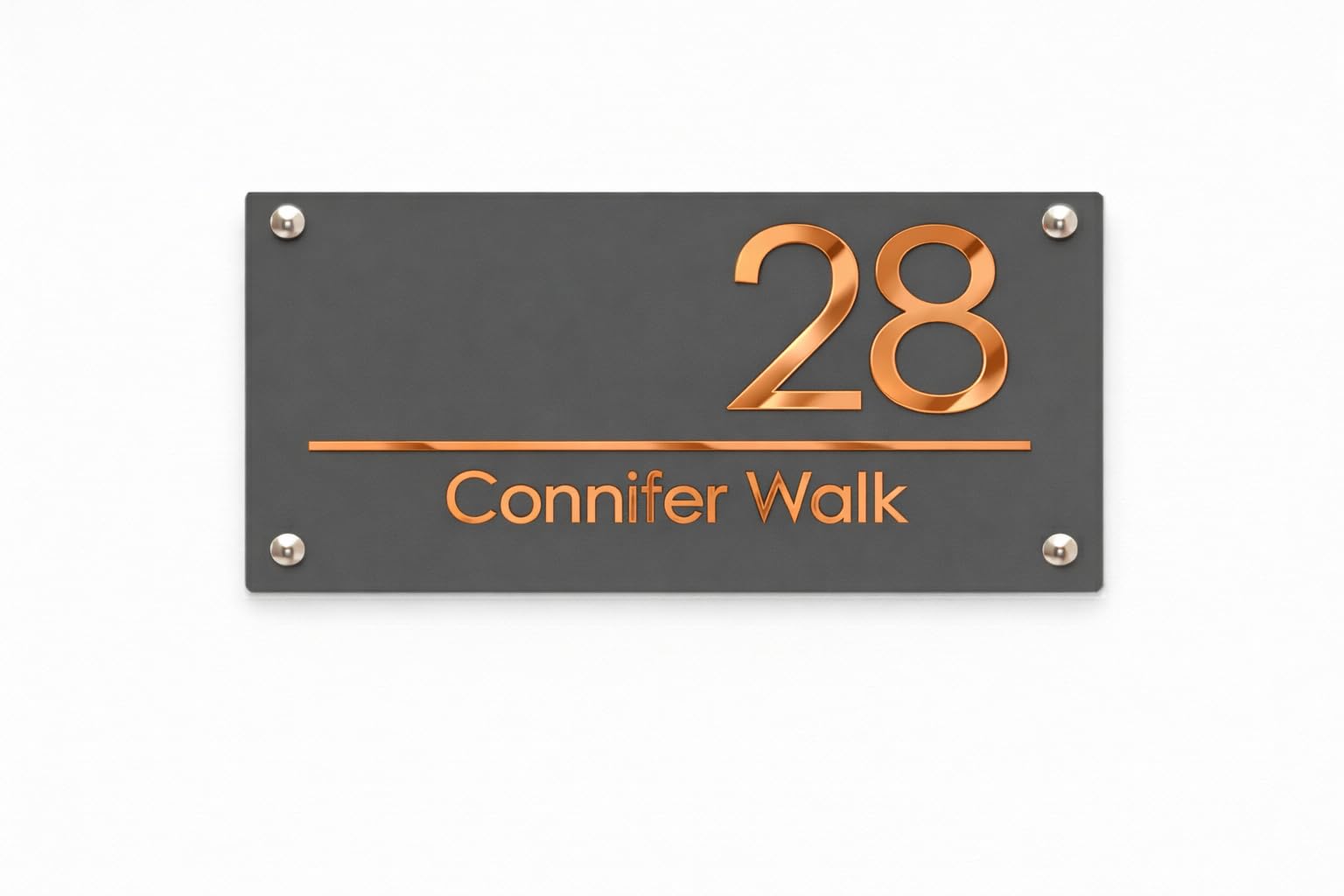 – Luxe H1 Right Text Floating House Sign Personalised Acrylic Door Plaque Offset Text Modern Outdoor Address Sign Custom Name Number with Fixing Kit (Grey & Copper Mirror)