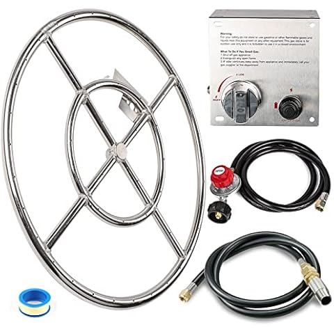 Grisun Fire Pit Burner Ring Kit 18 Inch, Propane Fire Pit Kit for Gas Fire Pit, Come with Upgraded Installation Spark Ignition Kit, DIY Round Gas Fire Pit Kit, Stainless Steel Cover