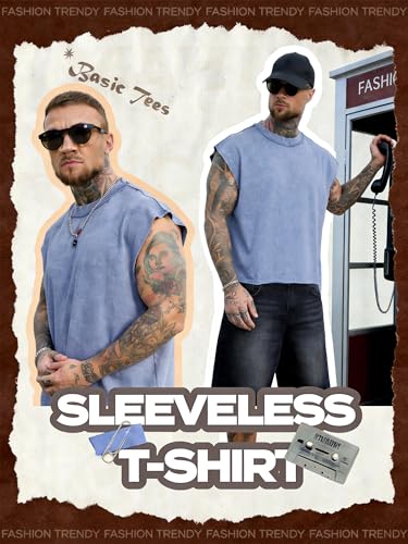 PLEPAN Men's Cropped Cotton Washed Tank Tops Comfort Drop Arm Sleeveless Tee Shirts Casual T Shirts Sky Blue XX-Large — view 6