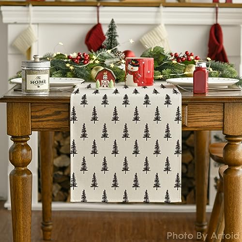 Image of Artoid Mode Beige Xmas Tree 2PCS Christmas Table Runner, Seasonal Winter Kitchen Dining Table Decoration for Home Party Decor 13x72 Inch