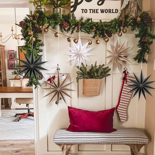 Image of 12 Inches 5 PCS Brown Grey White Paper Star Lanterns Christmas Hanging Lamp Rustic Paper Decorations Shade Wedding Birthday Christmas Home Party Decorations(12 Pointed)