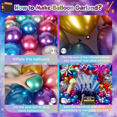 Image of Shiny Chrome Balloon Garland Arch Kit 160Pcs with Star Microphone Disco Musical Symbols Foil Balloons, Kpop Balloons Arch Kit for Birthday 80s 90s Theme Neon Galaxy grad Prom Party Decor