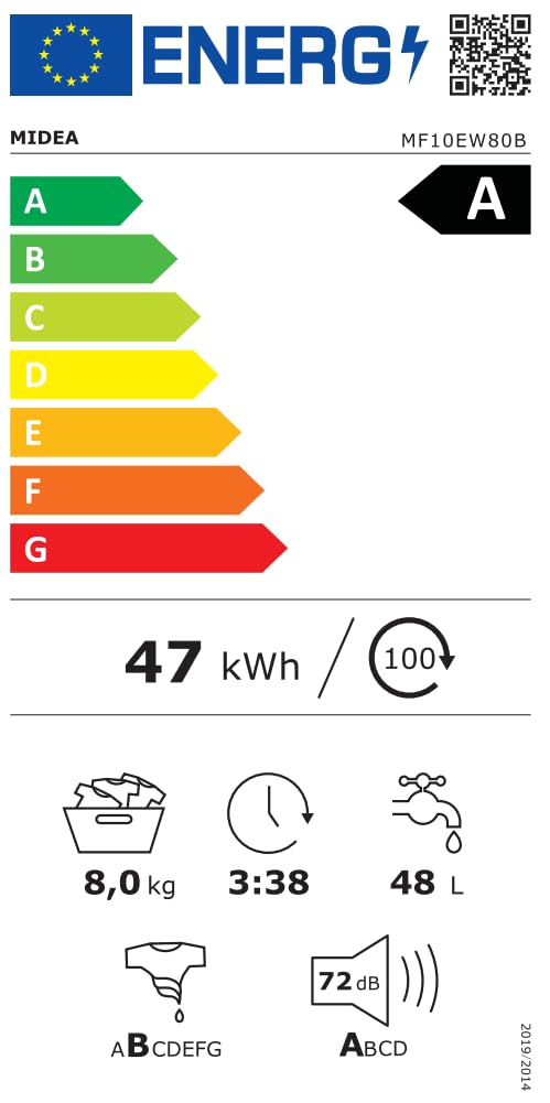 Midea MF10EW80B Waschmaschine 8kg 1400 U/Min A Inverter Quattro Moto Dampffunktion Slim Design
