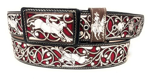 Men's Black and Red Western Cowboy Rodeo Belt, Cinto Charro Suertes Charras Cinturon Vaquero