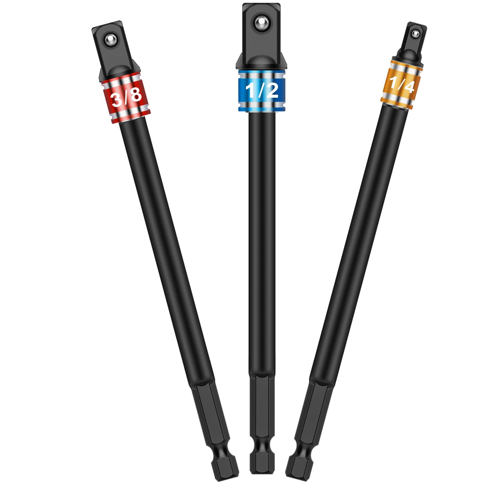 3-Piece 6-Inch Hex Shank Impact Grade Power Socket Adapter Set - Turns Impact Drill Driver into High Speed Socket Driver Extension Bit - 1/4-Inch, 3/8-Inch, and 1/2-Inch Drive Sizes